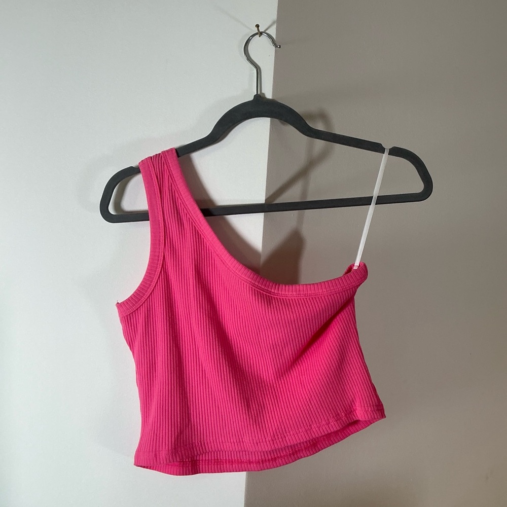 Pink Ribbed One-Shoulder Crop Top - Picture 3 of 3